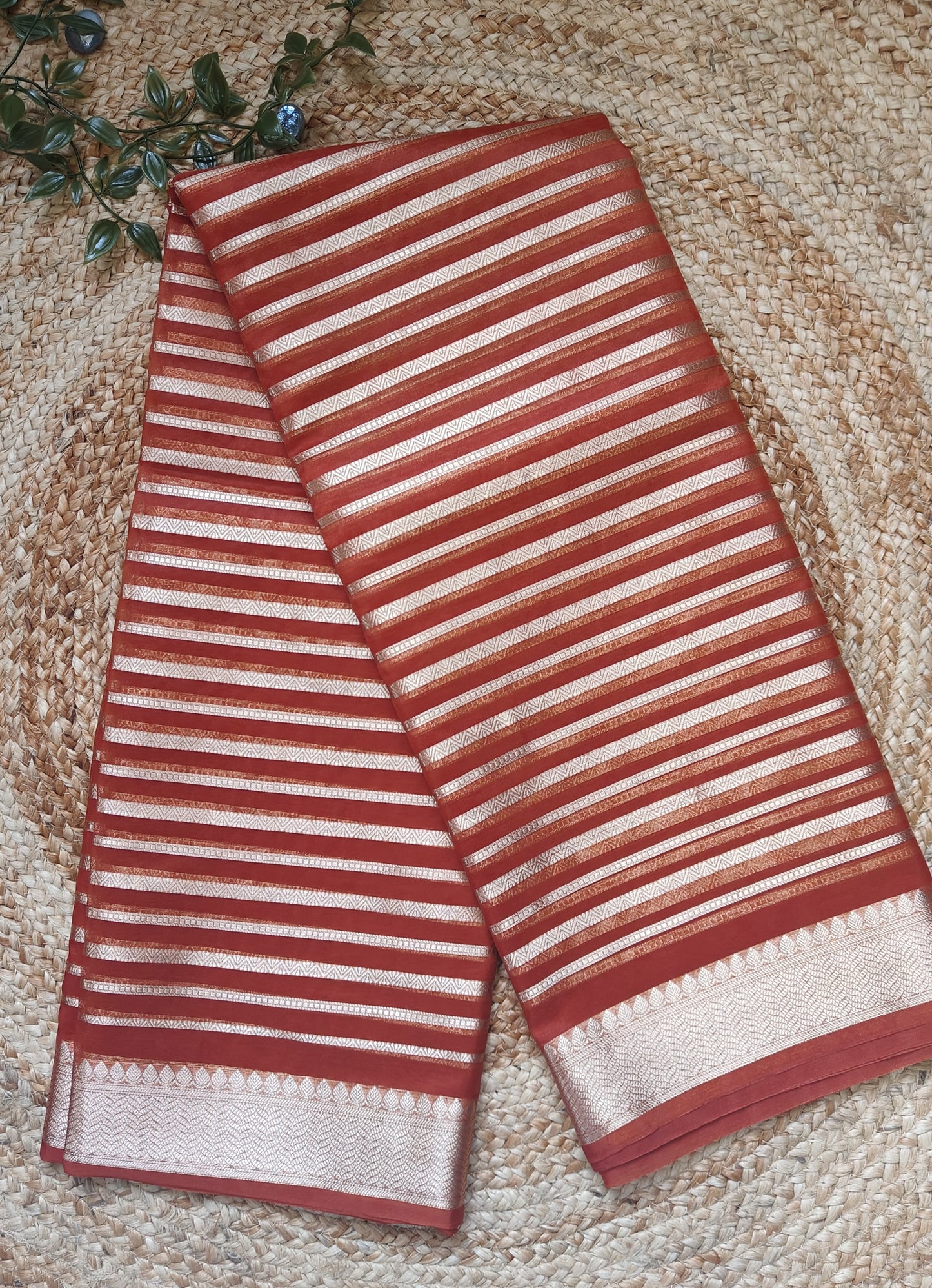 RUST ORANGE TISSUE SILK SAREE WITH ZARI STIPS