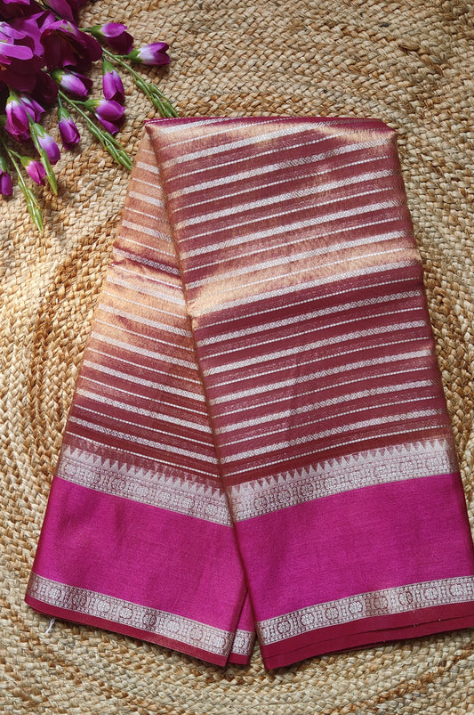 RED SEMI TISSUE SILK WITH ZARI STRIP GARHWAL BORDER