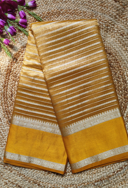 YELLOW SEMI TISSUE SILK WITH ZARI STRIP GARHWAL BORDER