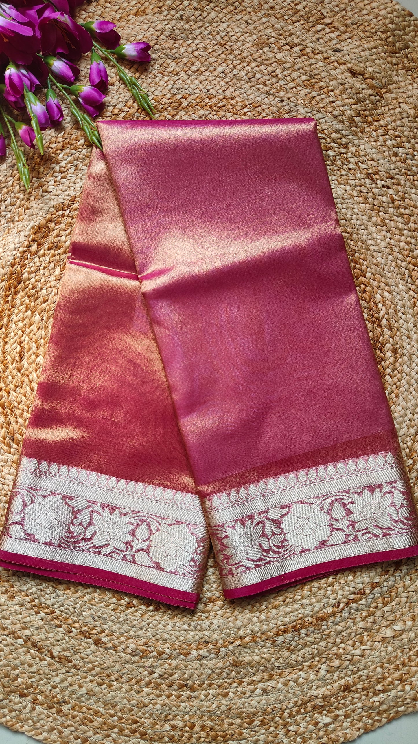 RED TISSUE SILK SAREE WITH ZARI WEAVED BORDER
