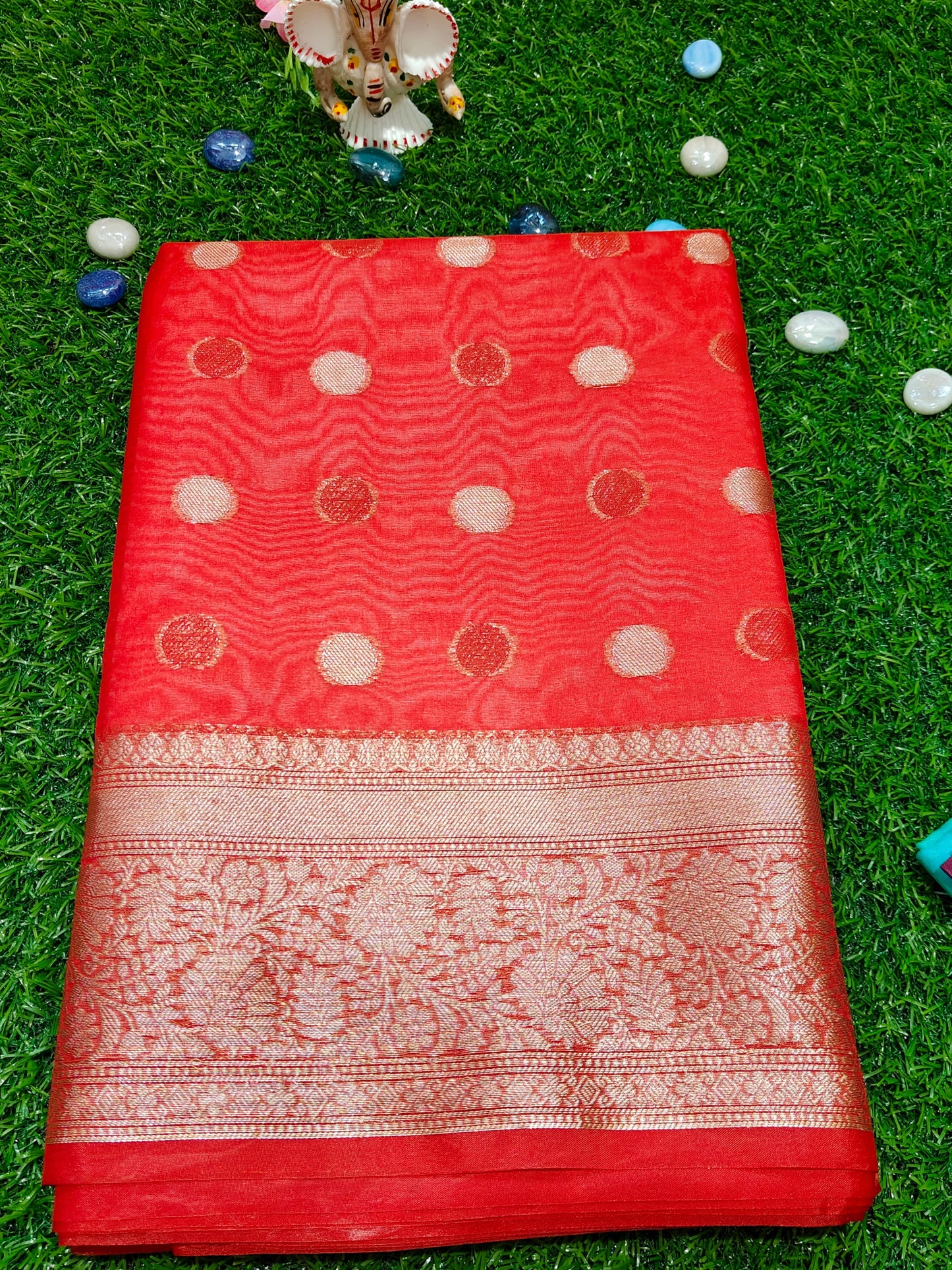 RED SEMI KORA ORGANZA SILVER ZARI BUTTA SAREE