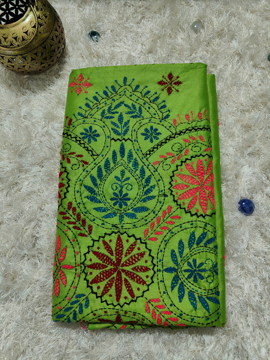 GREEN COTTON SILK SAREE WITH KANTHA STICH