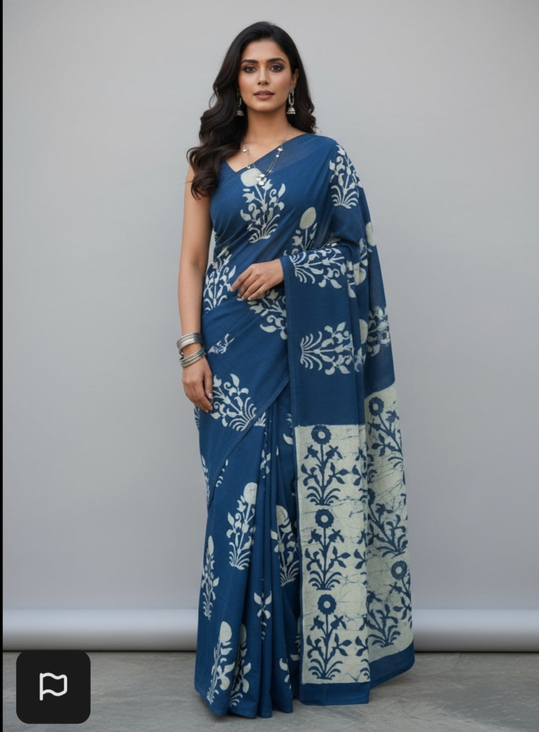 INDIGO BAGRU FLOWER MOTIF COTTON SAREE