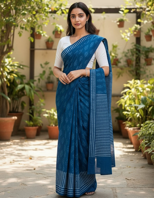 INDIGO BAGRU MUL COTTON SAREE