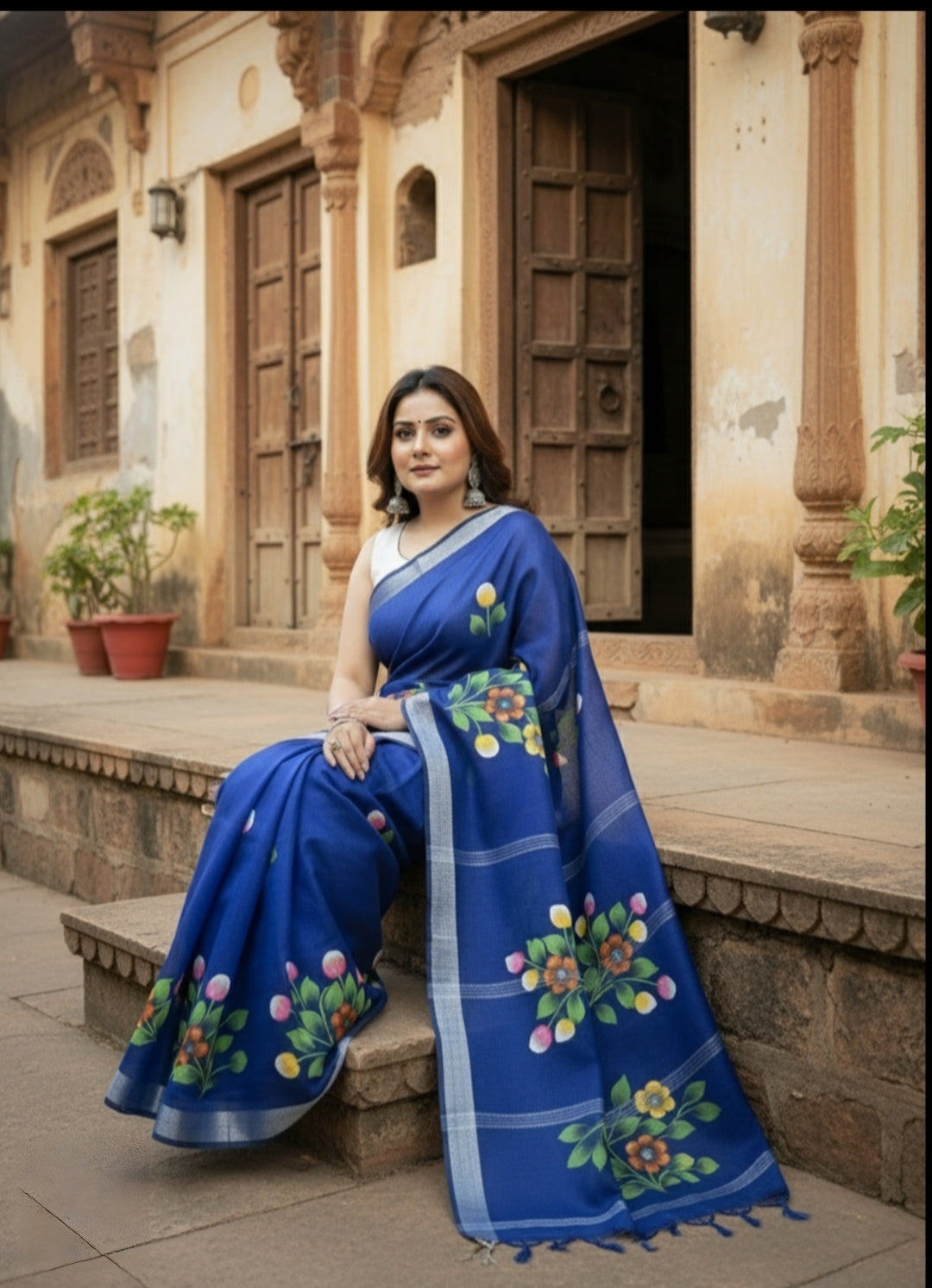 NAVY BLUE COTTON SILK HANDPRINTED SAREE
