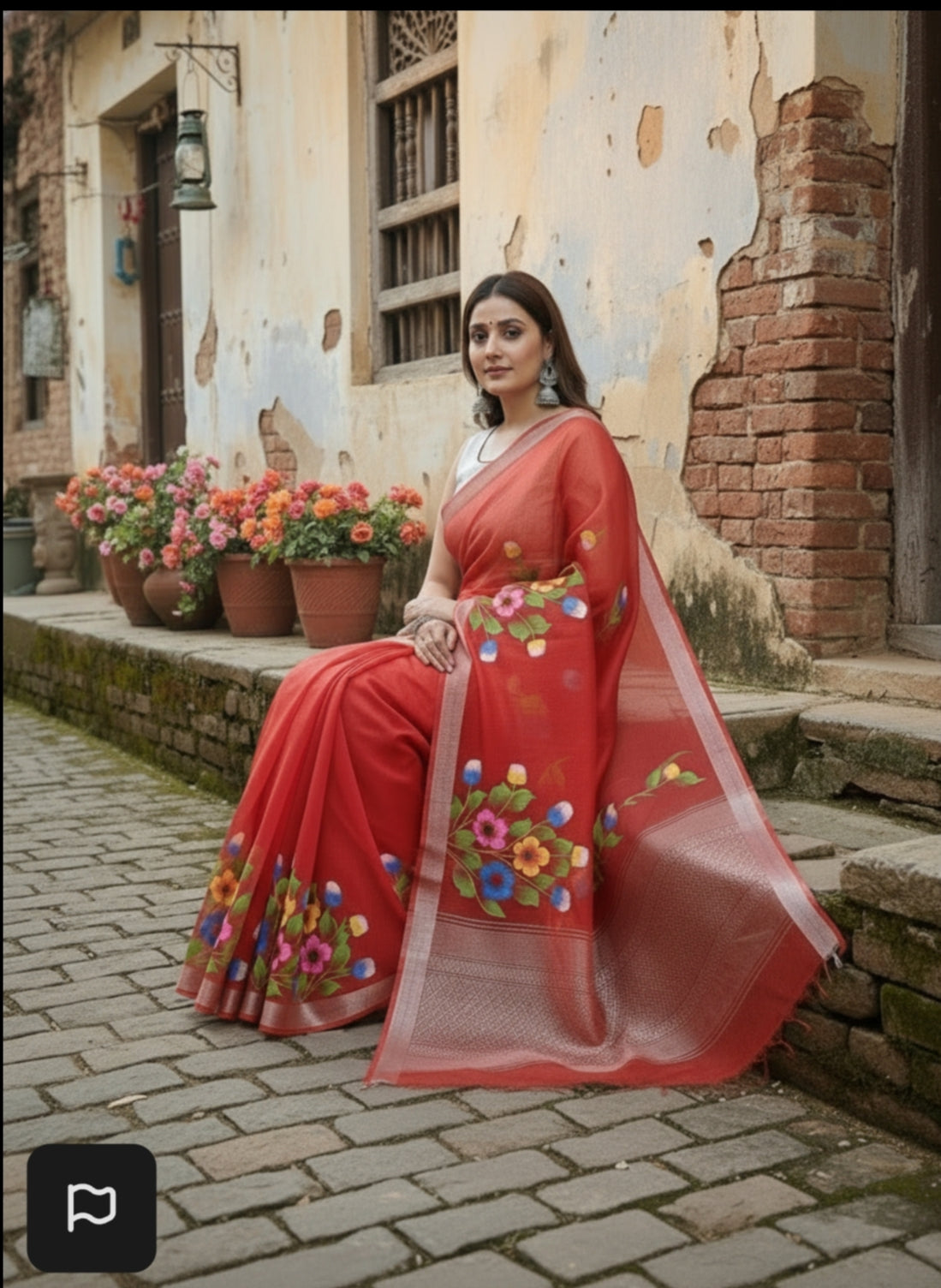 RED COTTON SILK HANDPRINTED SAREE