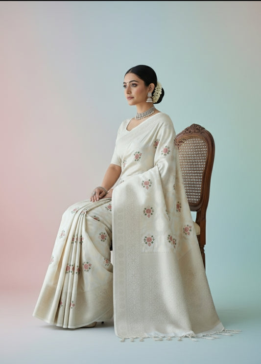 CREAM MASHRU KATAN SILK SAREE