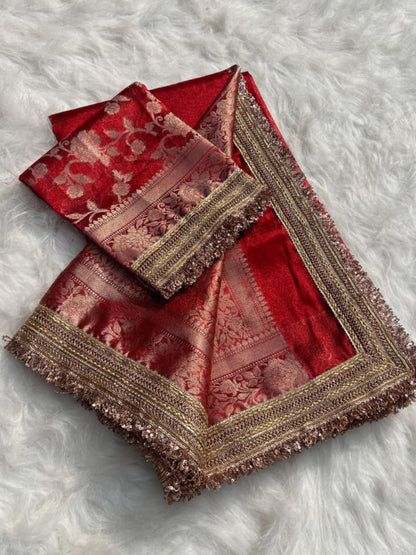 RED TISSUE SAREE WITH LACE BORDER