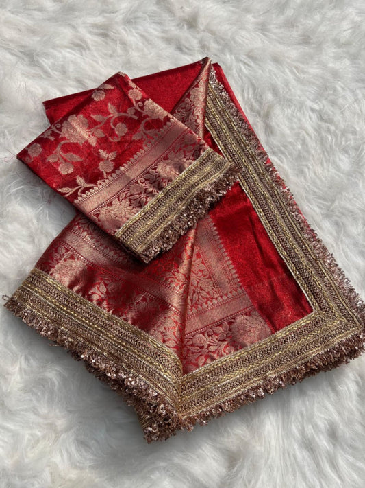RED TISSUE KATHBAN SAREE WITH LACE BORDER