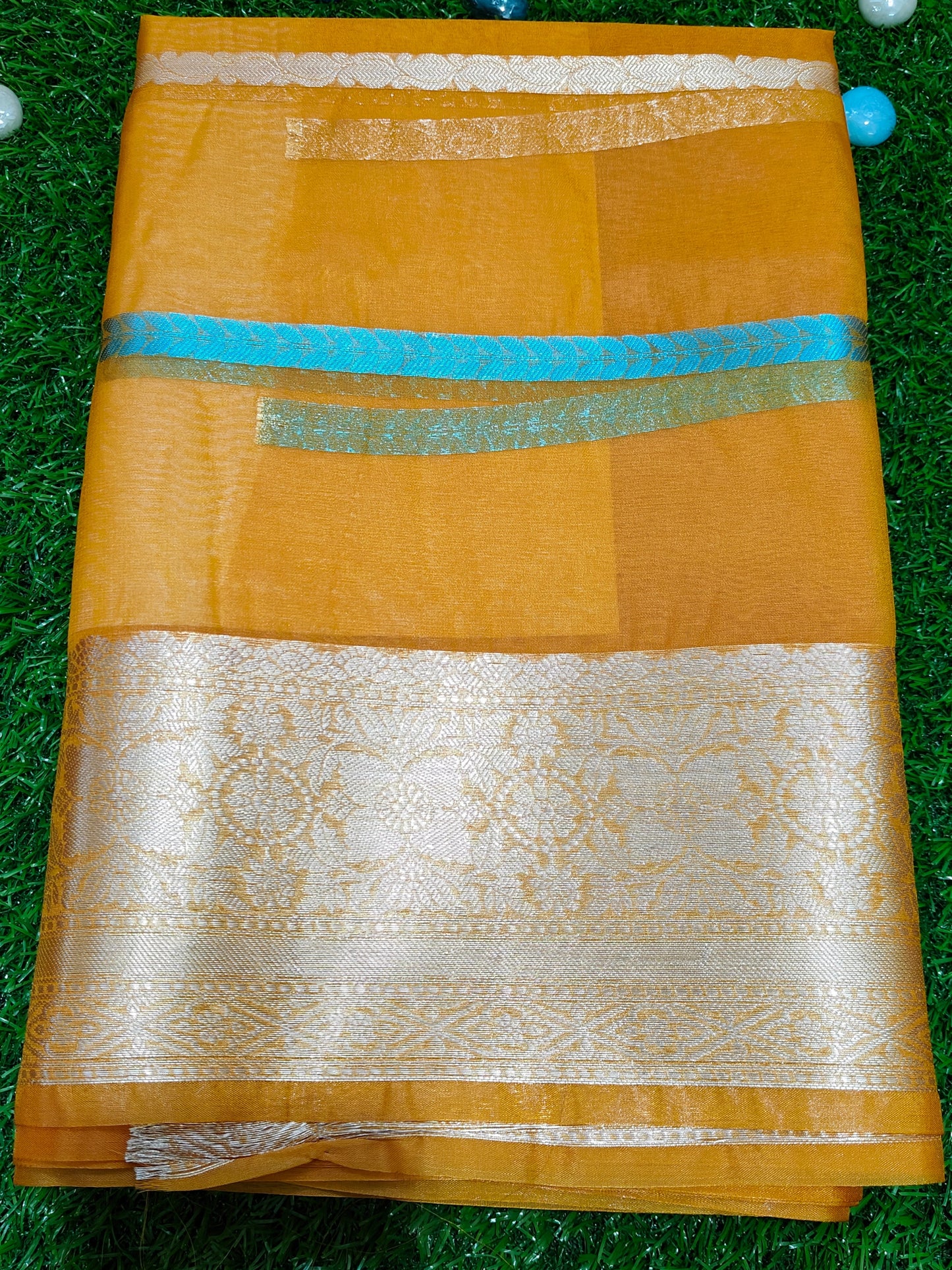 YELLOW SEMI KORA ORGANZA SAREE WITH ZARI STIPES