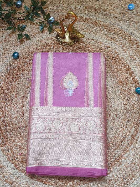 PINK SEMI KORA ORGANZA ZARI STRIPS SAREE