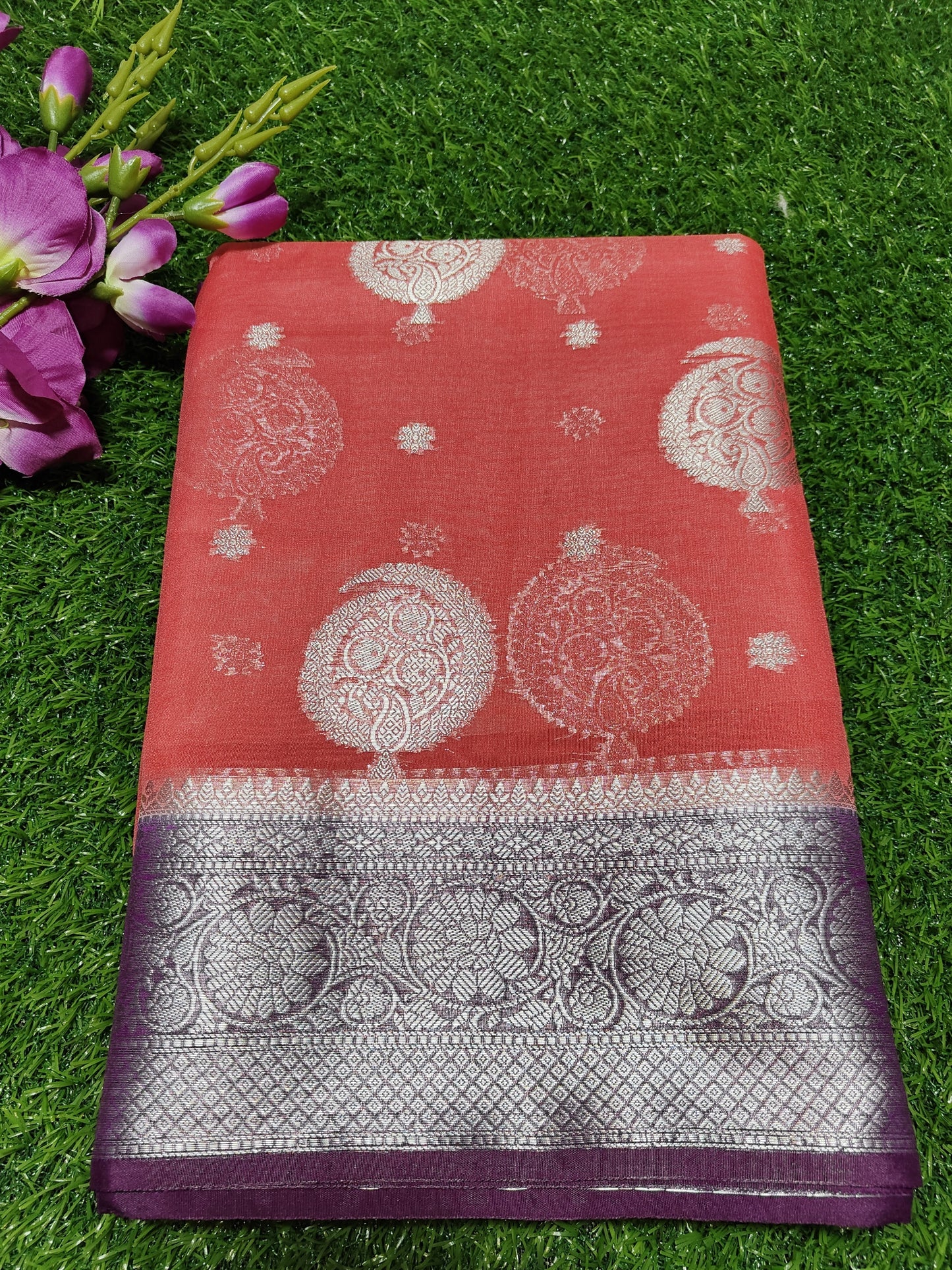 PEACH SEMI GEORGETTE SAREE WITH SILVER BUTTA