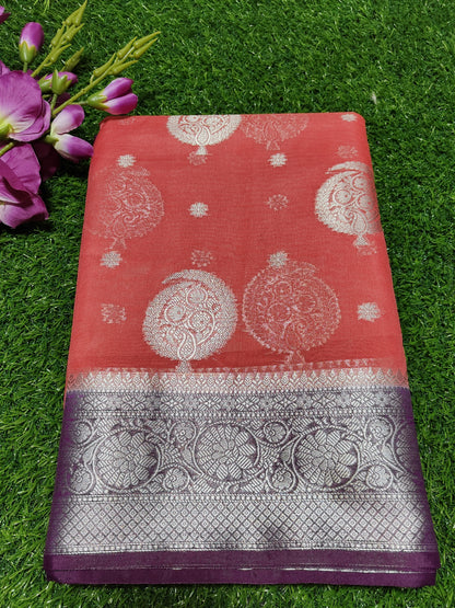 PEACH SEMI GEORGETTE SAREE WITH SILVER BUTTA
