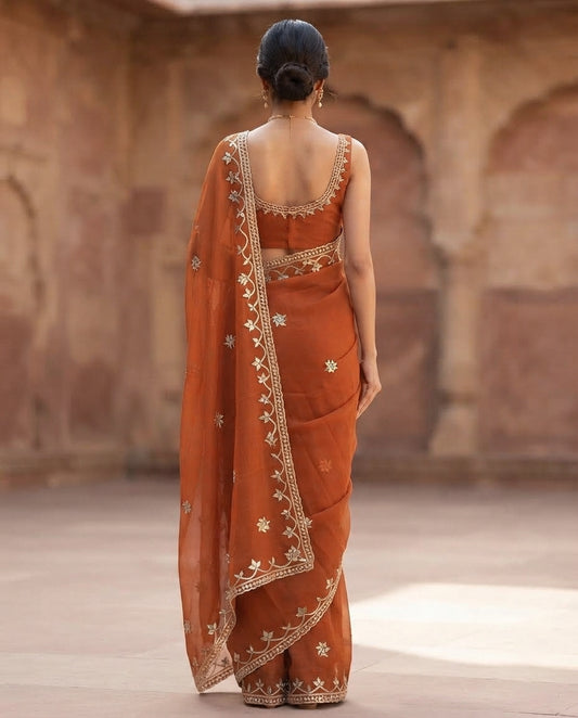 ORANGE BLUE CHIFFON KACHA GOTA SAREE
