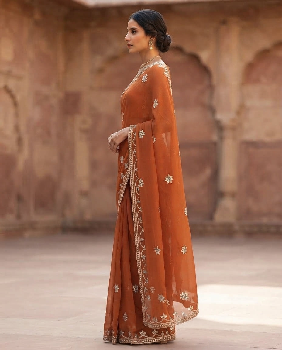 ORANGE BLUE CHIFFON KACHA GOTA SAREE