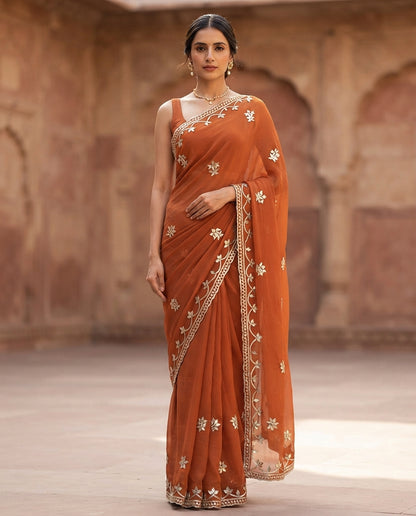 ORANGE BLUE CHIFFON KACHA GOTA SAREE