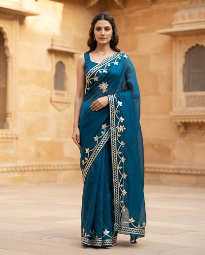 NAVY BLUE CHIFFON KACHA GOTA SAREE