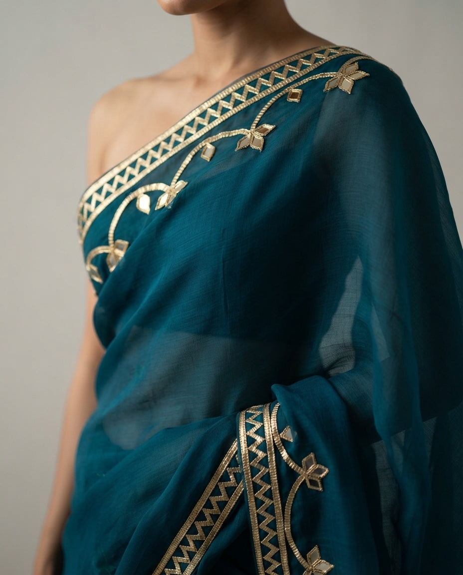 NAVY BLUE CHIFFON KACHA GOTA SAREE