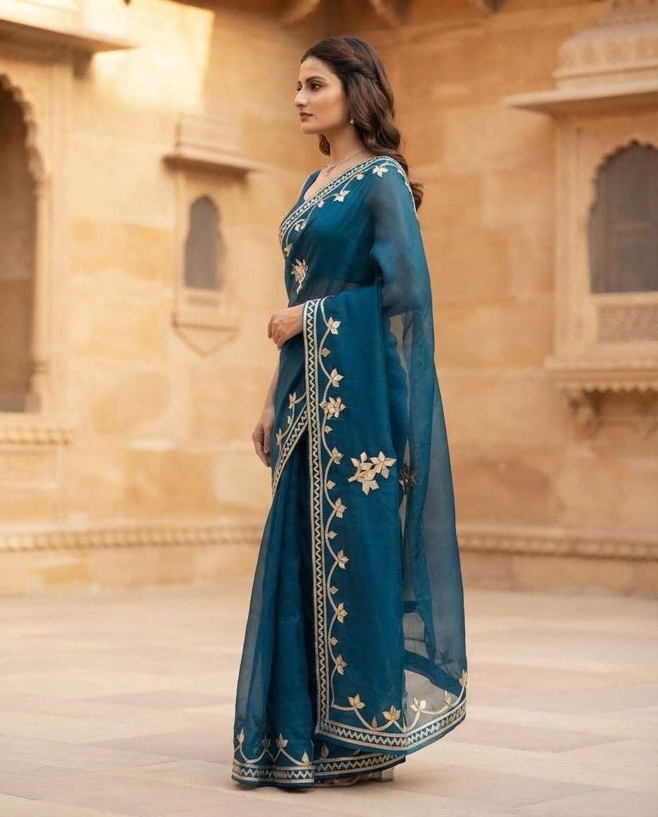 NAVY BLUE CHIFFON KACHA GOTA SAREE