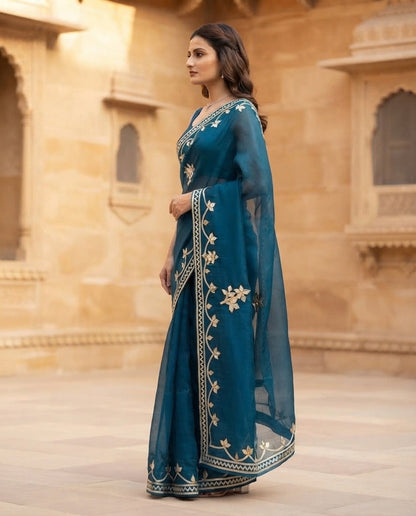 NAVY BLUE CHIFFON KACHA GOTA SAREE