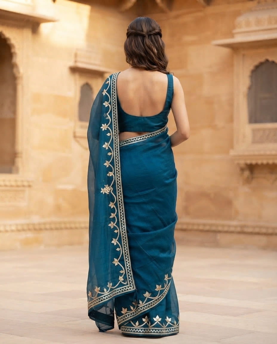 NAVY BLUE CHIFFON KACHA GOTA SAREE