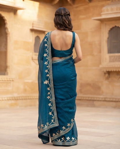 NAVY BLUE CHIFFON KACHA GOTA SAREE