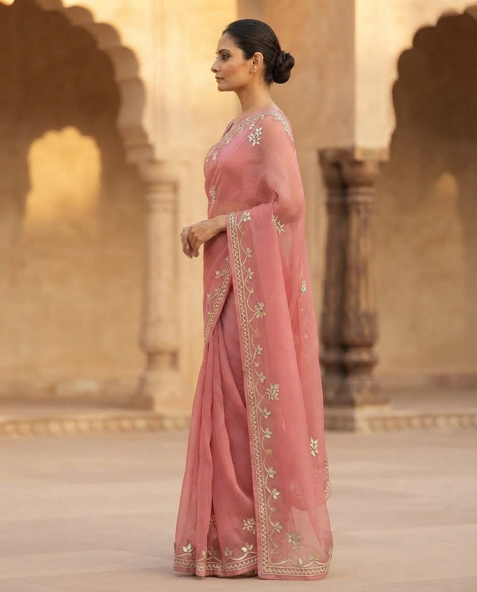 PEACH CHIFFON KACHA GOTA SAREE
