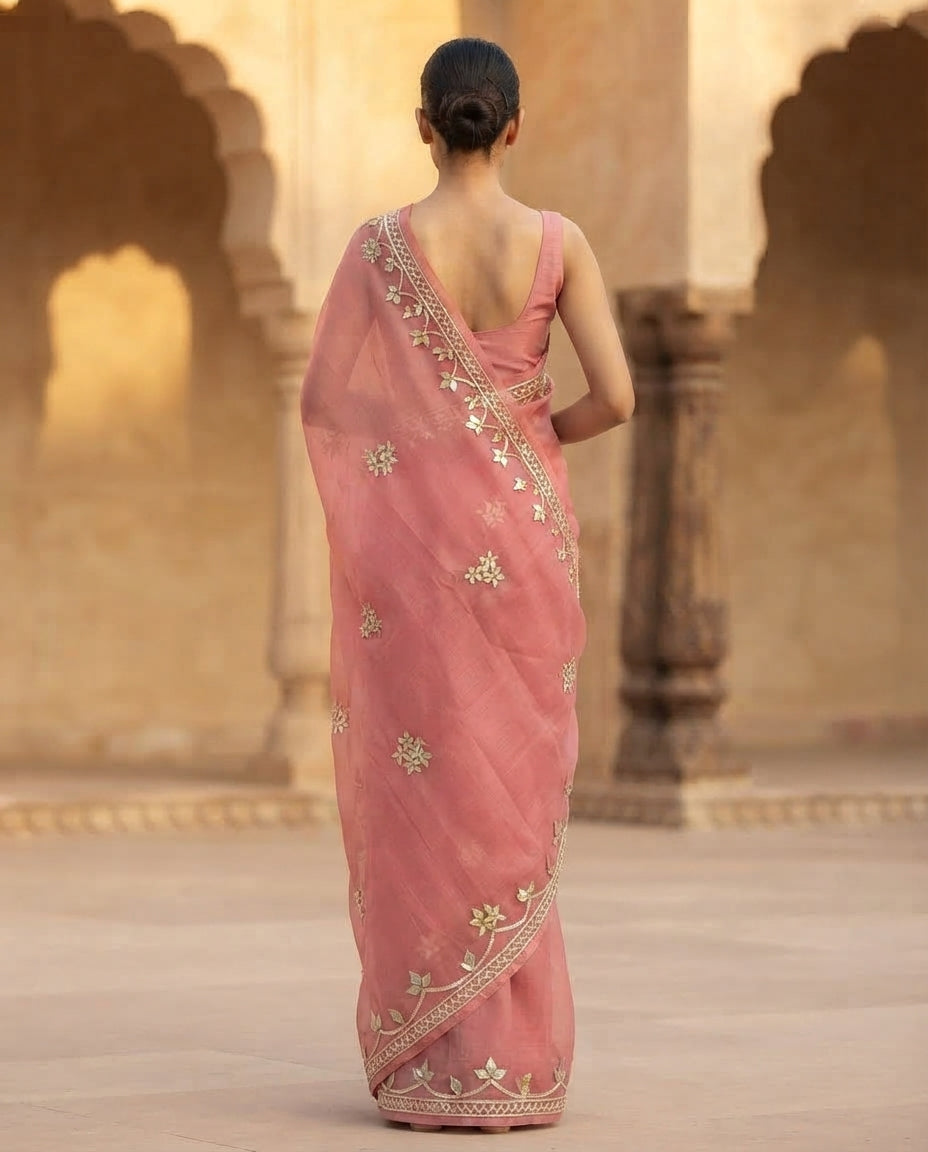PEACH CHIFFON KACHA GOTA SAREE
