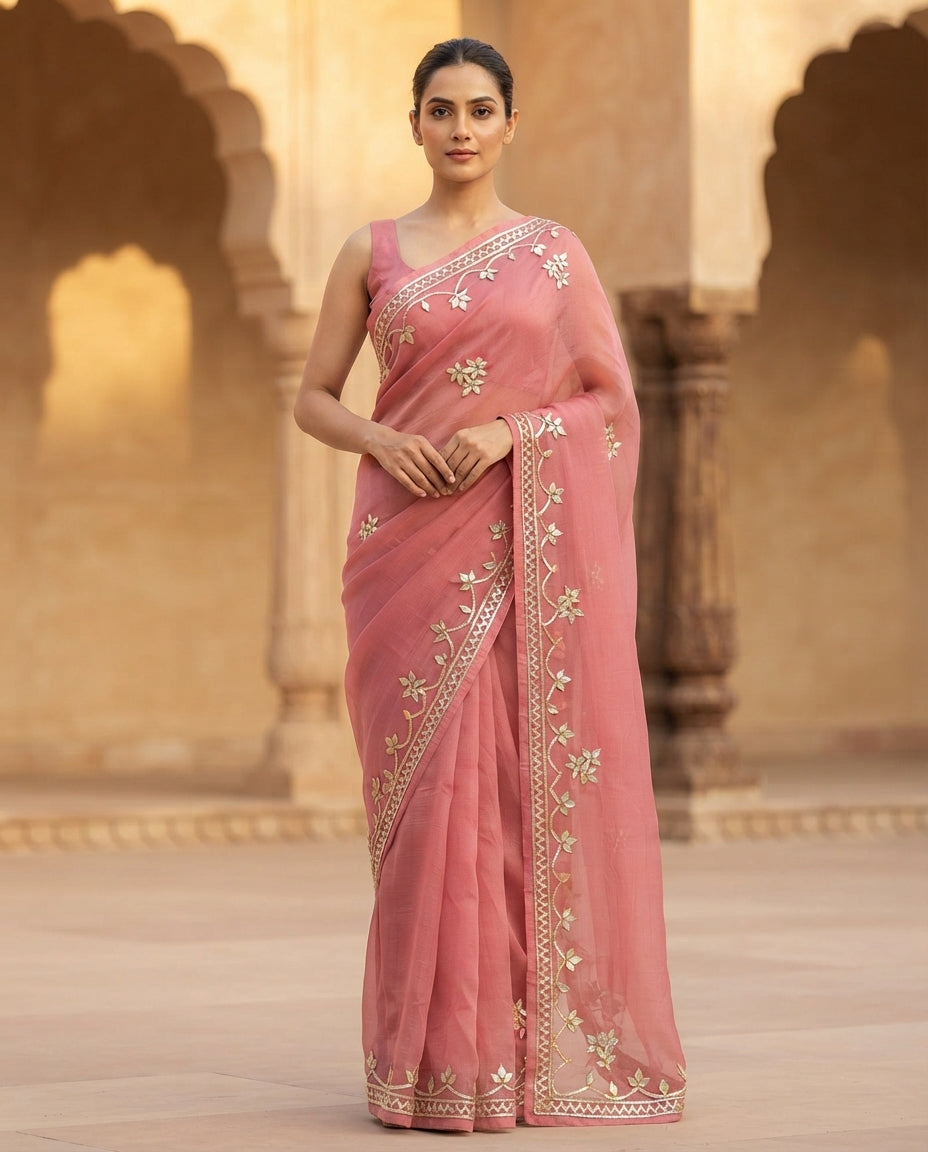 PEACH CHIFFON KACHA GOTA SAREE
