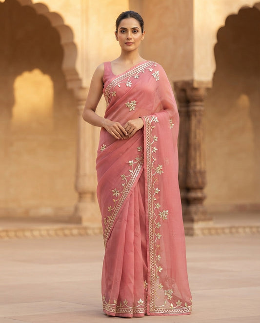 PEACH CHIFFON KACHA GOTA SAREE