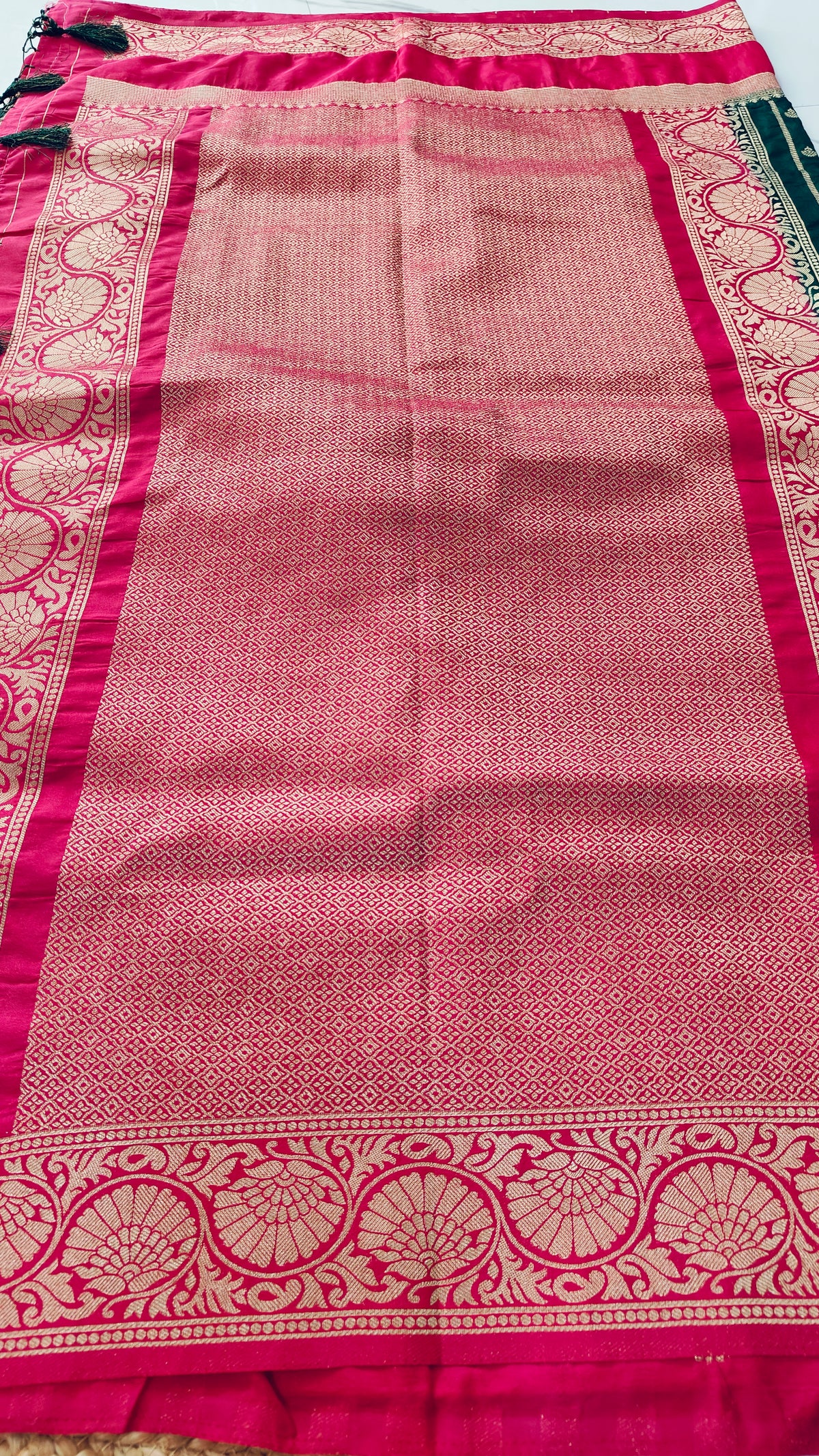 GREEN CREPE SILK SAREE WITH ZARI STRIPS