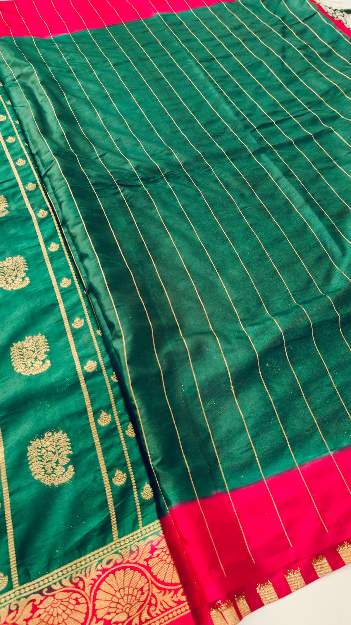 GREEN CREPE SILK SAREE WITH ZARI STRIPS