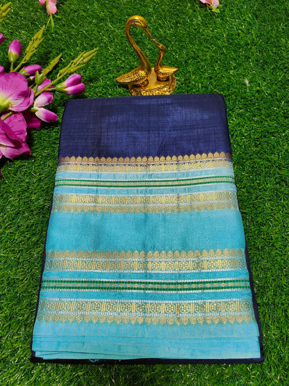 NAVY BLUE PLAIN SEMI CHINIYA KATAN  WITH KANCHI BORDER