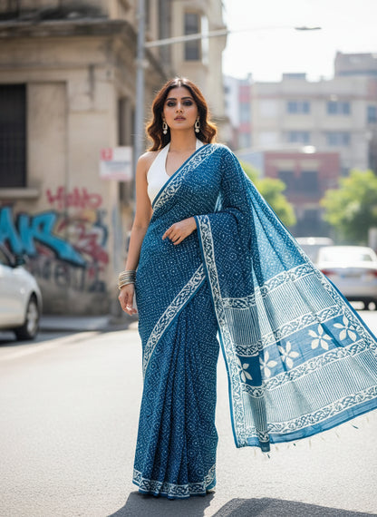 INDIGO BAGRU BOOTA PRINT COTTON SAREE
