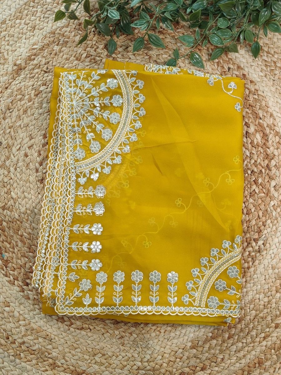 YELLOW TISSUE PITA WORK SAREE