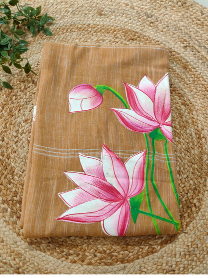 COFEE BROWN COTTON HANDPRINTED SAREE