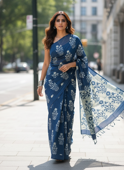 INDIGO BAGRU MULCOTTON SAREE