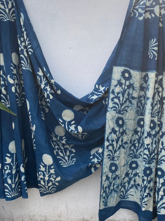 INDIGO BAGRU FLOWER MOTIF COTTON SAREE