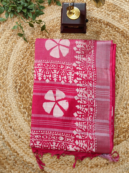 PINK LINEN COTTON SAREE WITH BATIK PRINT