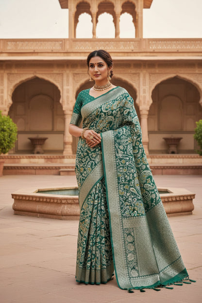 GREEN CHANDERI SILK PRINTED SAREE