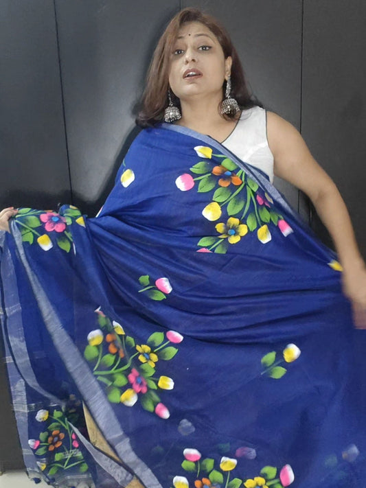 NAVY BLUE COTTON SILK HANDPRINTED SAREE