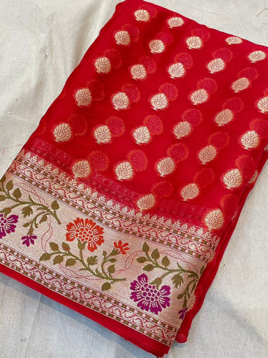 RED KHADDI SHIFFON SAREE WITH RESHAM WEAVING AND MEENA
