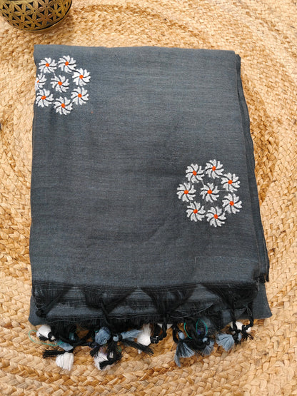 PARIJAT - GREY PURE COTTON SAREE WITH EMBRIODERY