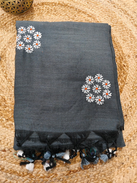 GREY LINEN COTTON SAREE WITH EMBRIODERY