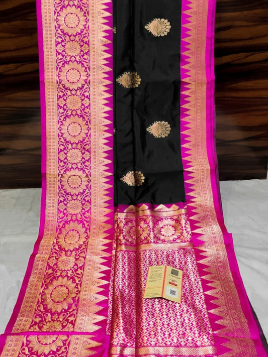 BLACK PURE KATAN SILK SAREE WITH ANTIQUE ZARI