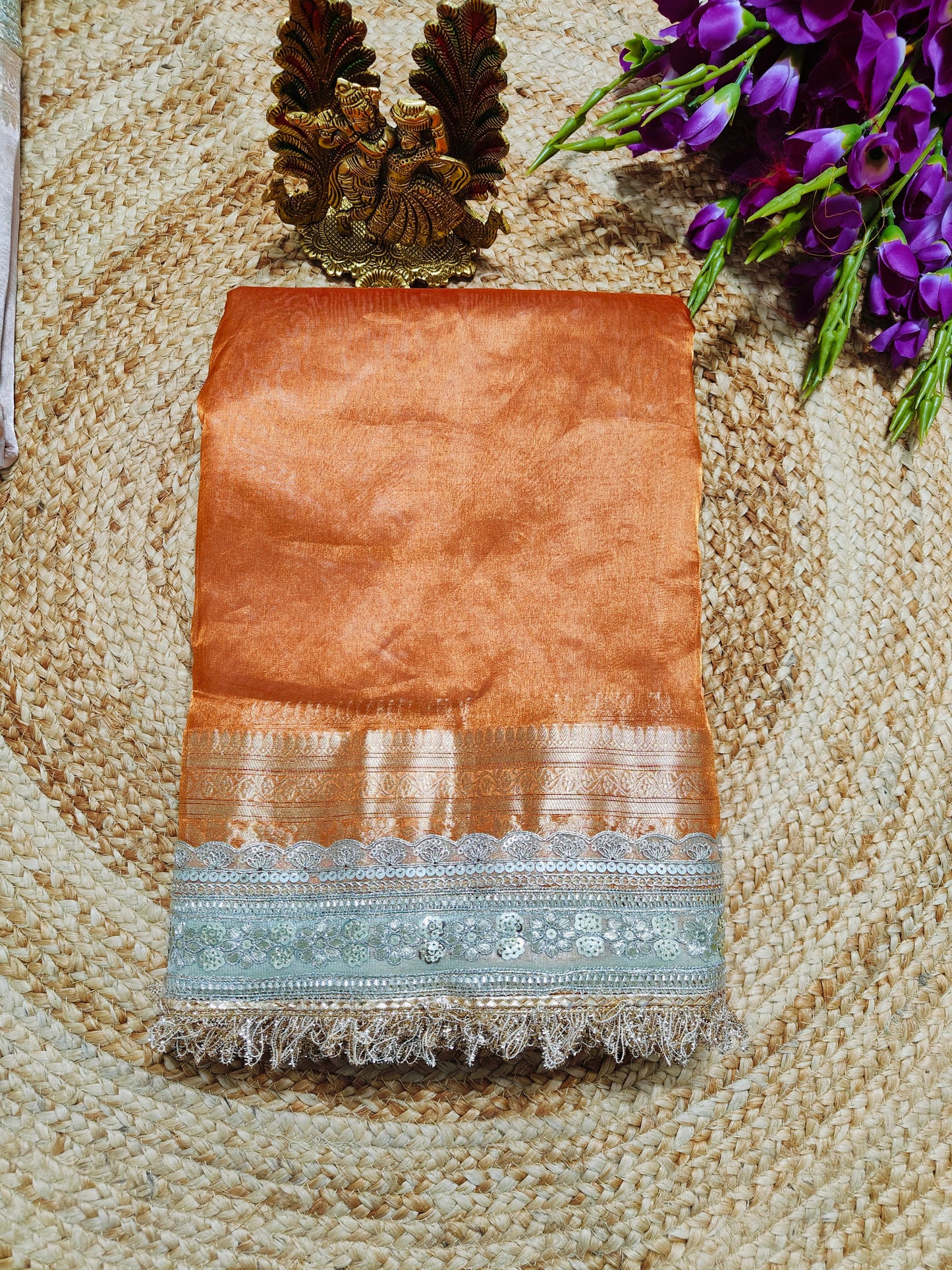 CELEBRITY INSPIRED RUST ORANGE PURE TISSUE KATHBAN SAREE