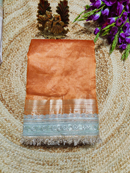 CELEBRITY INSPIRED RUST ORANGE PURE TISSUE KATHBAN SAREE