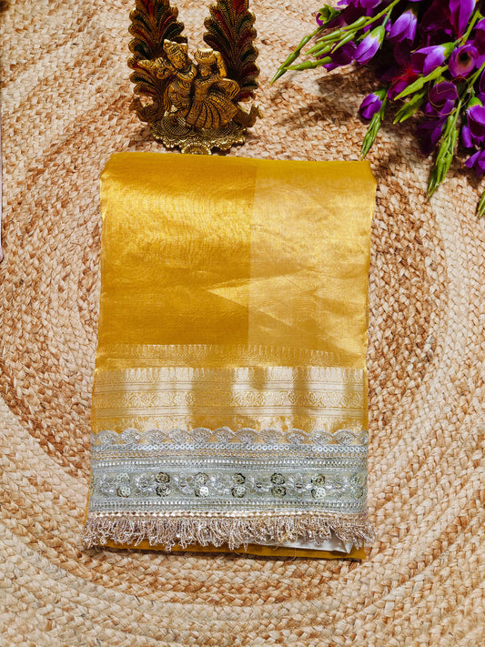 CELEBRITY INSPIRED MUSTARD YELLOW TISSUE KATHBAN SAREE