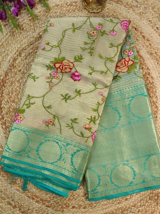 BEIGE KOTA SAREE WITH GREEN BORDER