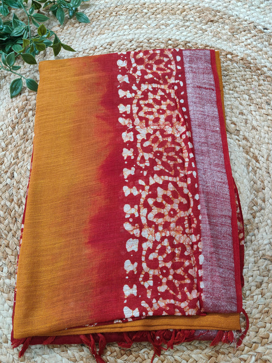 ORANGE KHADI COTTON SAREE WITH BATIK PRINTED